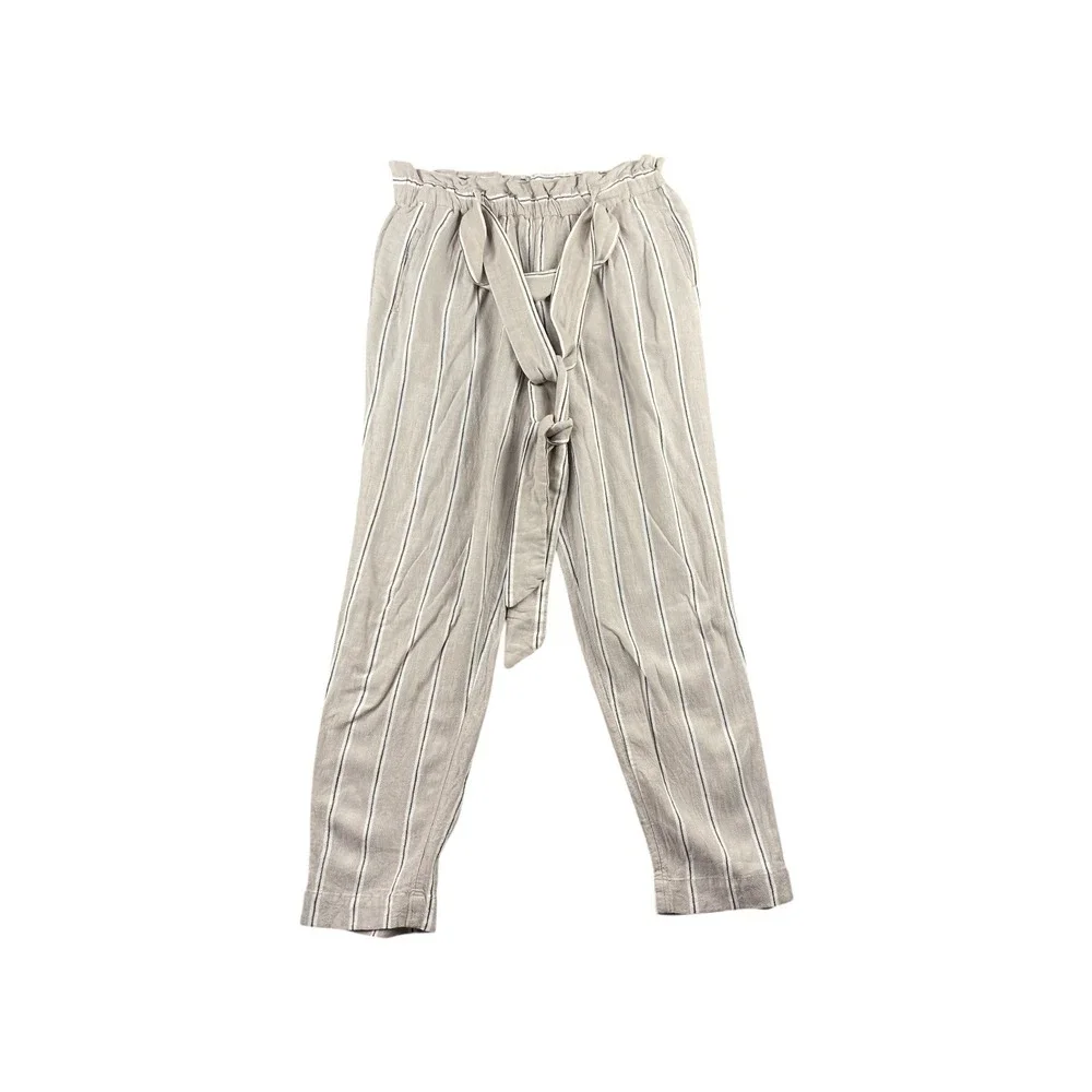 H‎ M Paperbag Waist Striped Linen Blend Pants Womens Size 8 Beige White Black